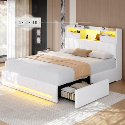 Bed Frame With Storage Headboard And Two Large Drawers, Gaming Bed With Rgb Lighting And Charging Station, E-sports Style Bed, No Spring Mattress Required