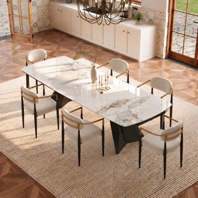 Ensemble de salle à manger 7 pièces en pierre frittée extensible, table rectangulaire de 78,74 po à 110,2 po avec 6 fauteuils, ensemble complet de salle à manger pour réunions de famille