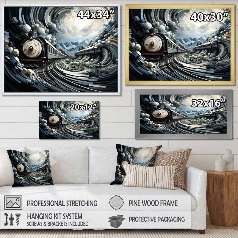" Train Geometric Momentum I ", 16" H x 32" W x 1" D, Gold Floater Framed