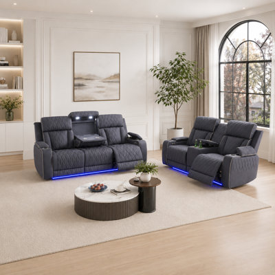 Ensemble de canapé inclinable électrique en cuir 2 pièces avec lumière DEL, station de charge sans fil, lampe de lecture et accoudoir de rangement