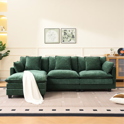 3 - Seat L Shaped Dark Couch With Footrest, Upholstered Sectional, Pillow Back, Bohemian Style Storage , In Chenille, Convertible To Bed, Long Term Use