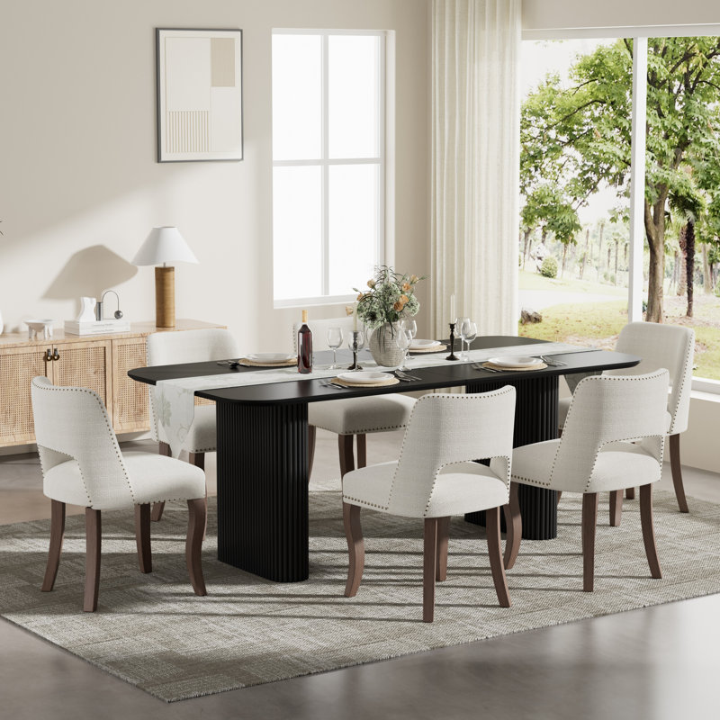 Ensemble de salle à manger rectangulaire moderne à double caisson avec chaise en bois Modern Farmhouse, Noir, Beige