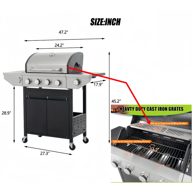 4-Burner Propane Grill  With Side Burner, Lid, Wheels