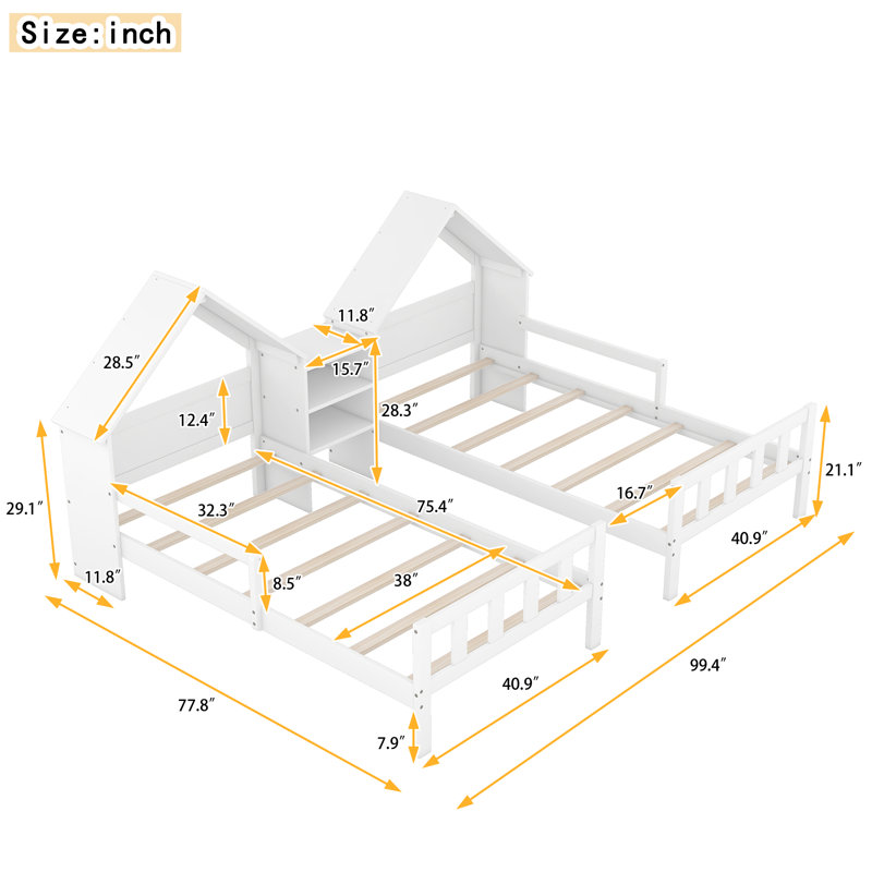  Lit plateforme simple double avec tête de lit en forme de maison et table de chevet intégrée, blanc, Blanc
