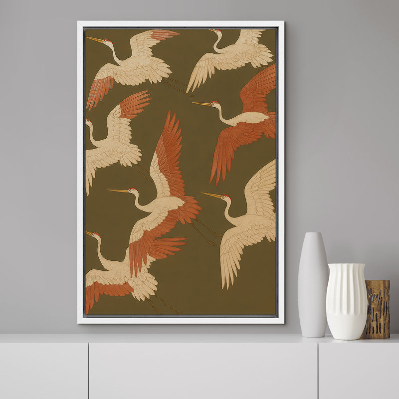 «Flying Cranes Group Art», reproduction d'art sur toile encadrée, H 36 po x l 24 po x P 1,5 po, Cadre blanc