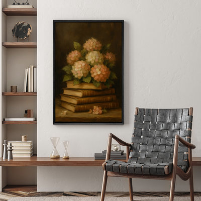 Vintage Books with Hydrangea Flowers Library Decor - Framed Canvas Wall Art Print
