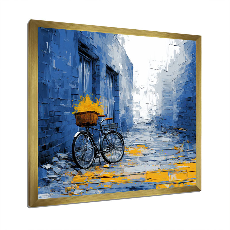 Vélo bleu sur toile, H 16 po x l 16 po x P 1 po, Encadrement doré