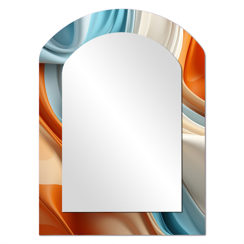 Blue and orange Fractal Curves in Motion III - Fractal Arch Mirror, Blue Asymmetrical Decorative Wall Mirror, Printed Metal Art