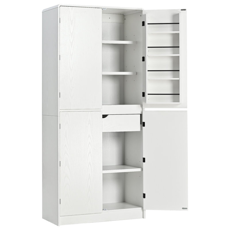 K&K - Armoire de cuisine de style campagnard haut de 72 po avec 8 tablettes de porte, armoire de rangement incurvée avec 3 tablettes réglables, tiroir caché, armoire polyvalente pour la cuisine, la salle à manger et la salle de bain, blanc