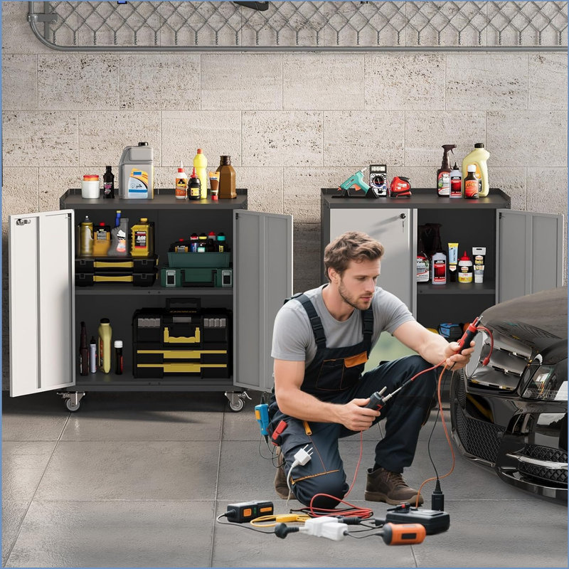 35.43"high Garage Storage Cabinet  2 Doors With Wheels, Locking Steel Rolling Tools Chest With Handle, Metal Storage Cabinet With 1 Shelves For Garage, Home, Office