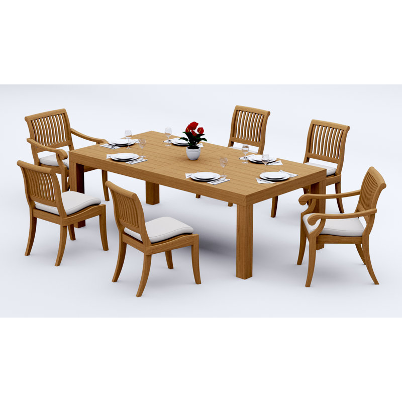 6 Seats 7 Pcs Grade-A Teak Wood Dining Set: 86" Canberra Rectangle Table And 6 Arbor Stacking Chairs (2 Arm & 4 Armless Chairs) #11AB1902