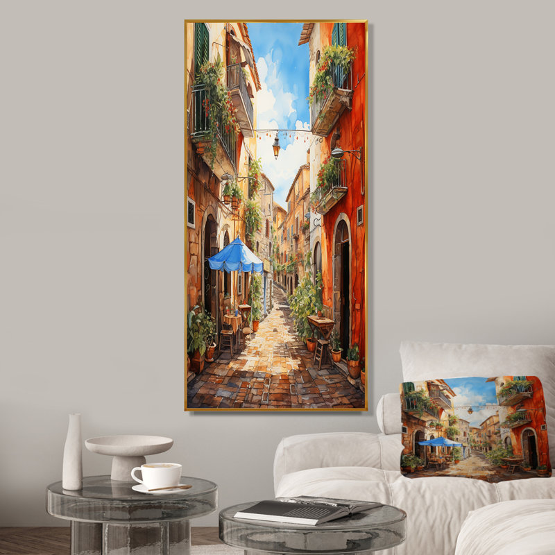 «Italian Village Essence 1», art mural Italie, Cadre flottant doré, H 60 po x l 28 po x P 1,5 po
