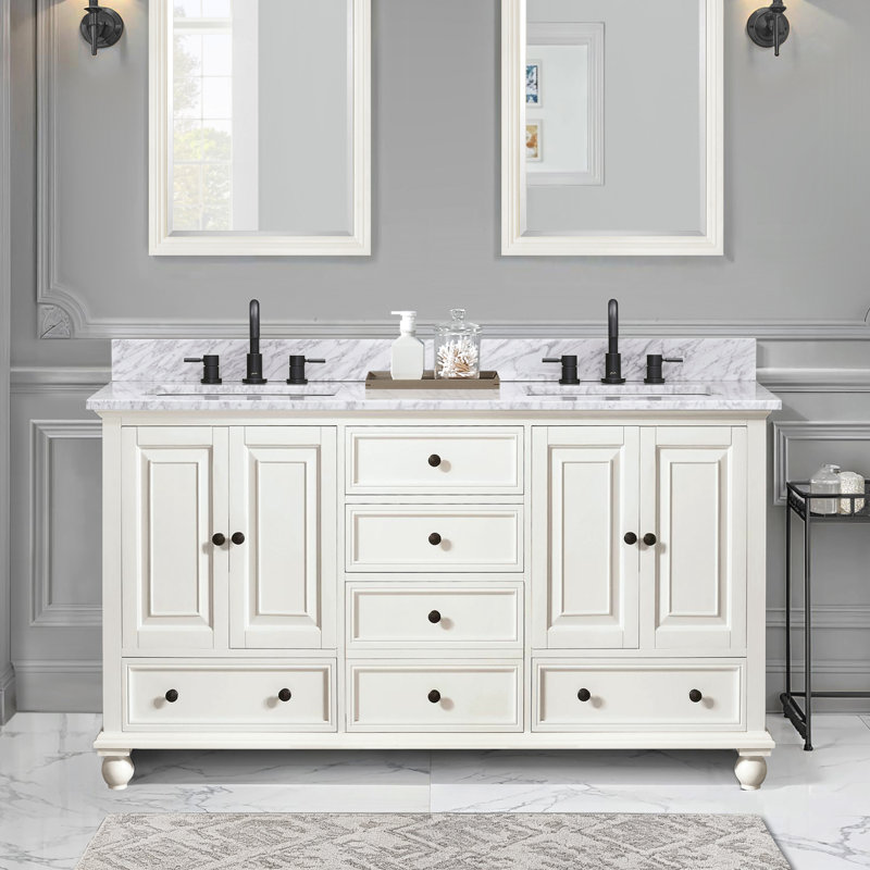 Thompson 61" Double Modern Bathroom Vanity Set, French White, Cala White, 60"