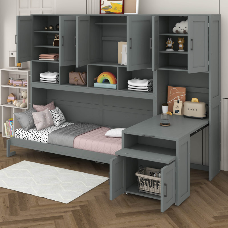 Lit escamotable simple avec armoire de rangement, bibliothèque, tiroirs de rangement et bureau, cadre de lit pliant, Gris