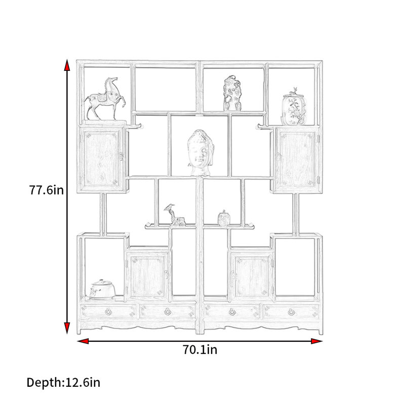Chinese Classical Style Bookcase, (7 Shelves) 77.6"H x 70.1"W x 12.6"D