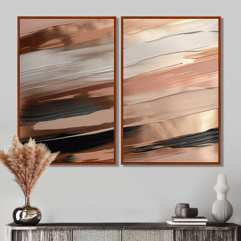 Or rose et formes roses en contemporain II - décoration murale abstraite, 36" H x 48" W, Impression encadrée flottante, Brown