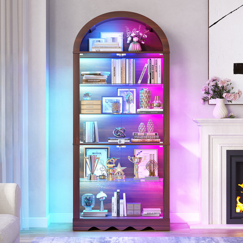 Arched Top Tempered Glass Display Cabinet, RGB Colour Changing LED Lighting Curio Cabinet, Lockable, Brown