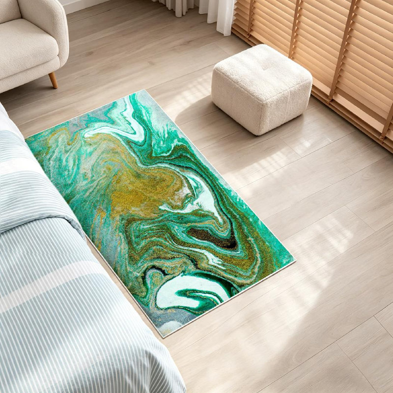 Tapis d'intérieur vert marbré vert lavable à la machine, Rectangle 32 po x 47 po