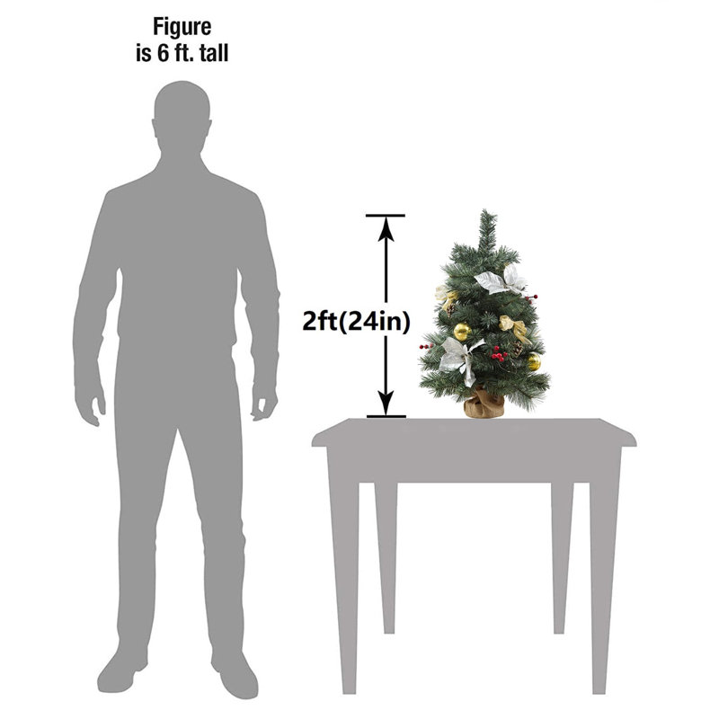 Ensemble de 2 mini sapins de Noël artificiels de 24 po / 2 pi avec 35 lumières, boules de Noël, arc, pommes de pin, minuterie à piles, décorations de Noël pour la maison