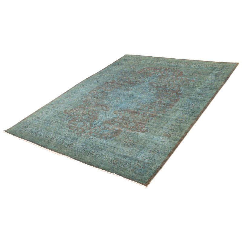 Tapis unique en laine turquoise noué à la main 9 pi 0 po x 11 pi 10 po