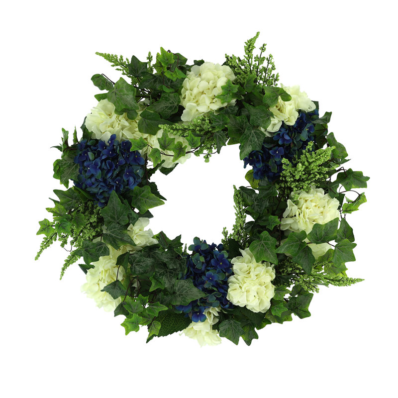 23" Spring Wreath with Hydrangeas, Heather and Ivy