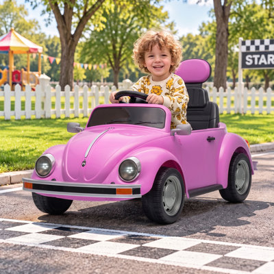 Voiture électrique Mukidy pour enfants de 3 à 5 ans, sous licence Volkswagen Beetle, avec batterie 12 V, télécommande parentale, lecteur de musique, phares à DEL, démarrage en douceur, cadeau idéal pour les enfants - Rose