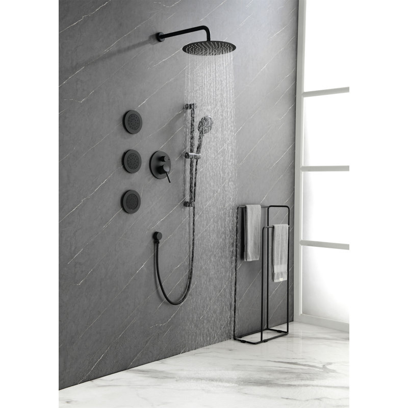Système de douche avec pomme de douche, douche à main, barre coulissante, jets de corps, bras de douche, tuyau, garniture de valve et poignées à levier