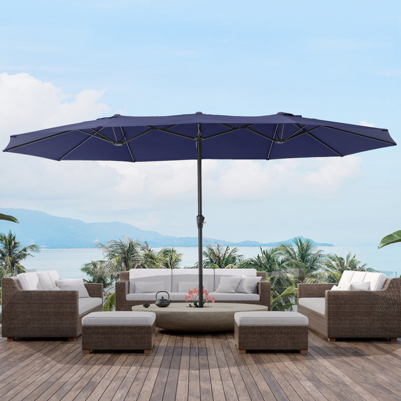Très grand parasol de patio 15 pi x 9 pi avec auvent résistant aux rayons UV, sans base, Marine
