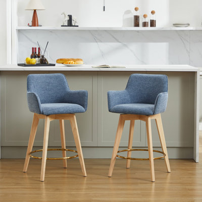 Lovetro Swivel Full Back Arms Upholstered 25.8"H Counter Stool with Solid Rubberwood Frame and Gold Footrest