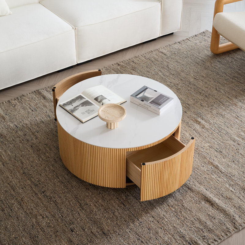 Table basse ronde avec rangement Jahnea, 2 tiroirs, Blanc, Burlywood