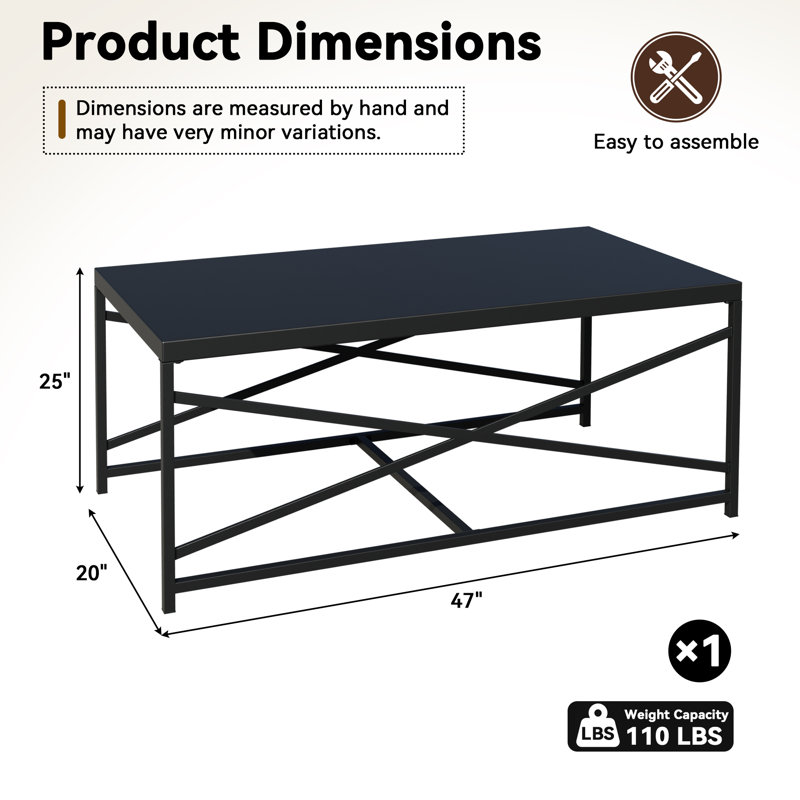 Outdoor Modern Patio Iron Rectangular Coffee Table, 47" in.W x 25" in.D, Black
