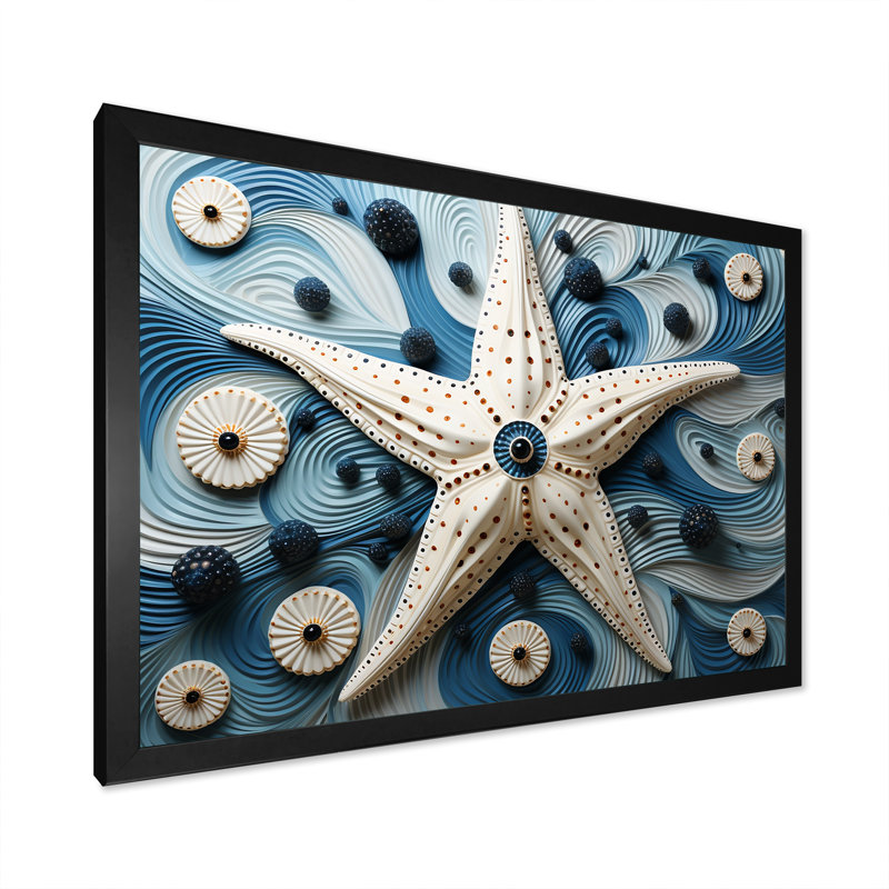 Minimalisme étoile de mer bleue et blanche I - impressions sur toile d'étoile de mer, Cadre simple noir