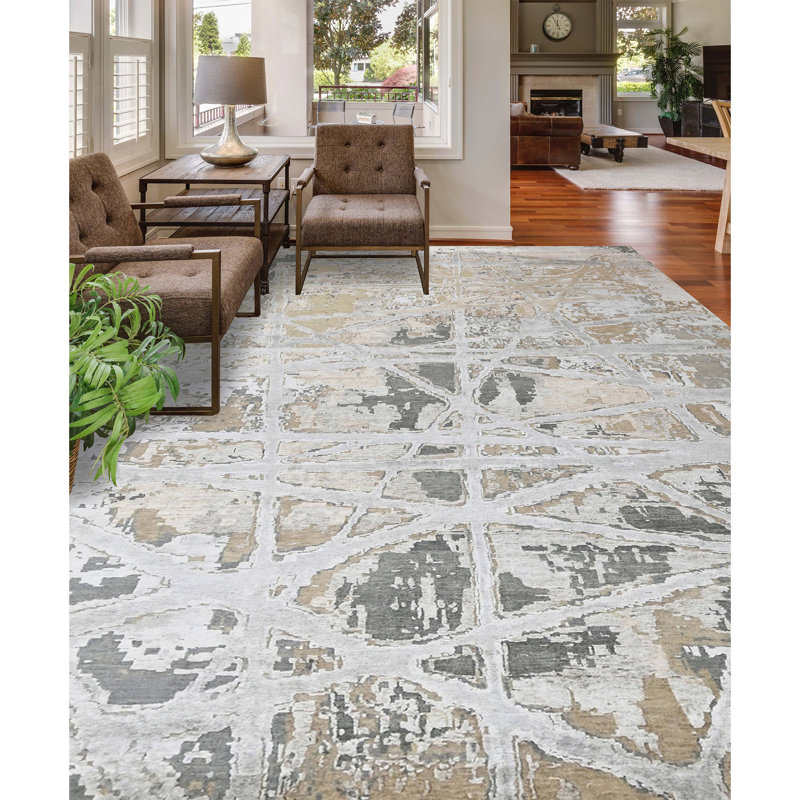 Abstract Area Rug in Gray/Taupe/Ivory, Rectangle 10' x 14'