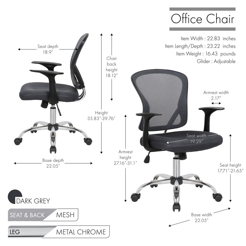 Chaise de travail en filet Crenguta, Gris foncé, Fixe