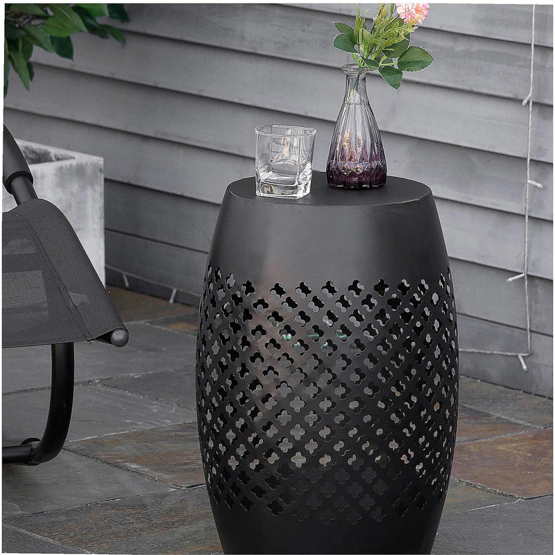 Outsunny 12.5" Steel Patio End Table, Round Hollow Drum Side Table, Accent Table for Indoor and Outdoor, Black