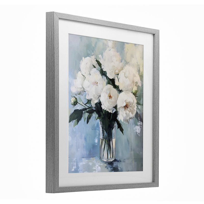 Vase de pivoines blanches, reproduction encadrée sous verre, design par LSR Creative Studio, H 16 po x l 13 po