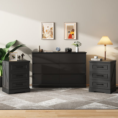 Ensemble de chambre à coucher 3 pièces, 6 tiroirs l 47,2 po et table de chevet avec station de charge Dornisha
