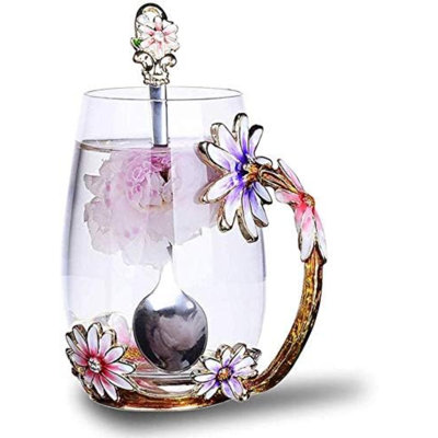 Enamel Flower Lead Free Glass Coffee Mugs Tea Cup With Steel Spoon Best Birthday Gifts Friends Valentines Day Christmas