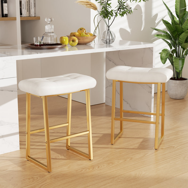 Upholstered Counter Stool with Metal Frame, Gold, White, 2