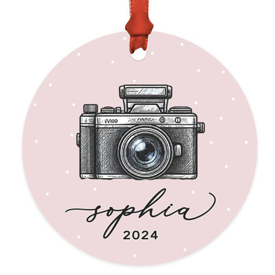 Custom Pink Vintage Camera Ornament 20XX Metal Christmas Keepsake For Photographers
