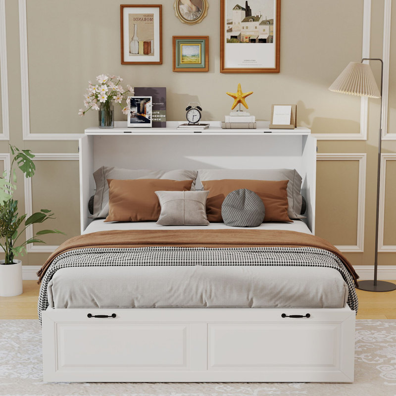 Armoire lit escamotable en bois avec station de charge, grand tiroir de rangement, blanc, Blanc
