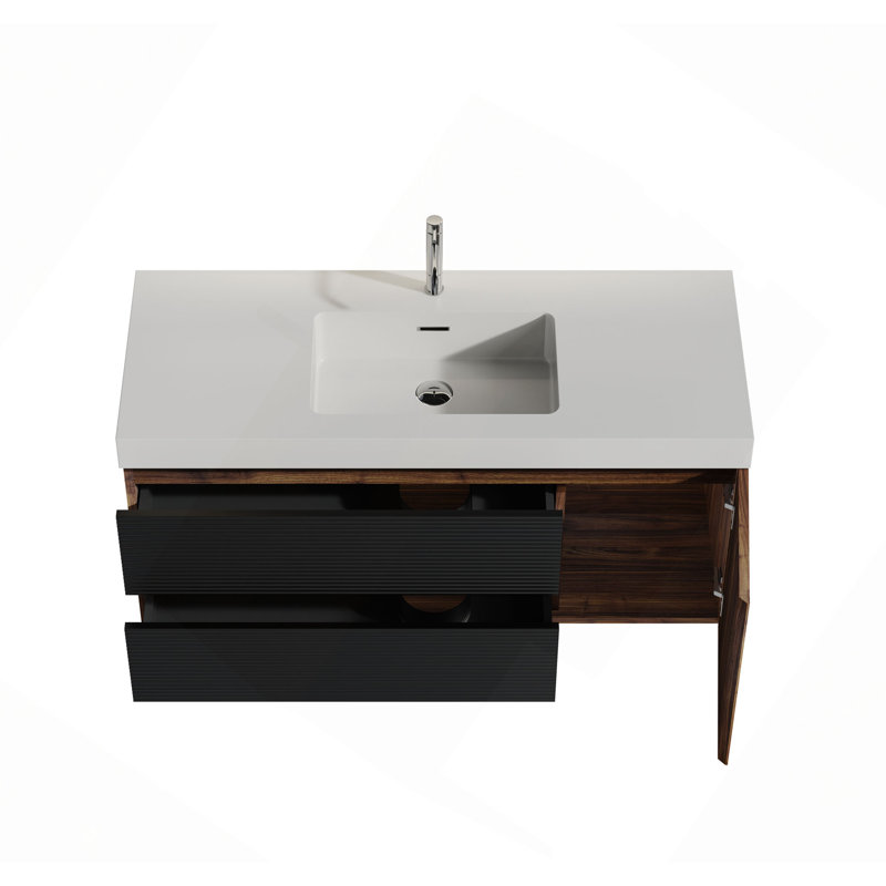 Meuble-lavabo 48 po avec lavabo à surface solide brillante et tiroirs souples, meuble-lavabo mural flottant pour salle de bain moderne, sans drain ni robinet, pré-assemblé