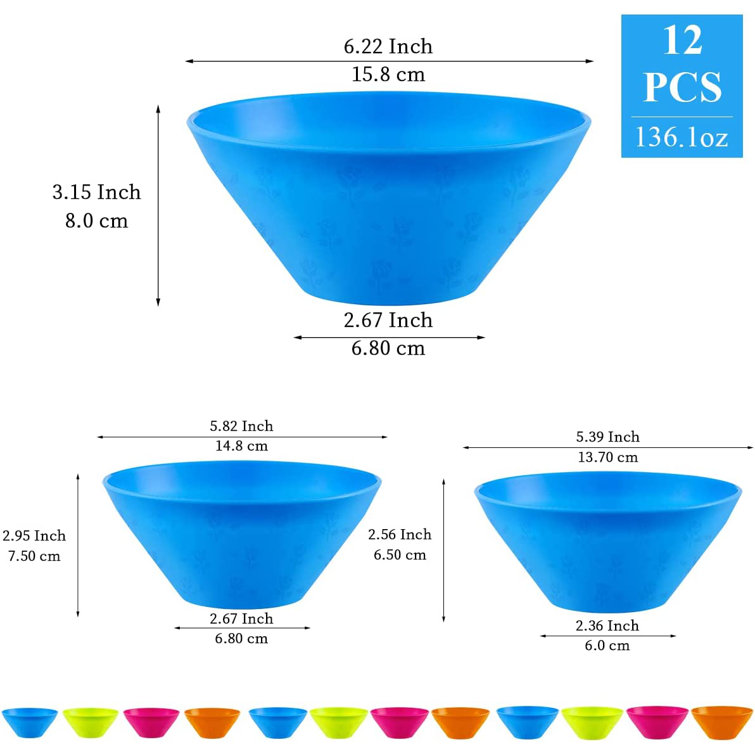 Plastic Bowls Set 12 Pieces, 3 Sizes 14/20/25oz Unbreakable Reusable Light Weight Bowl for Cereal, Noodle, Soup, Pasta, Ramen, Popcorn, Ice Cream, Fru