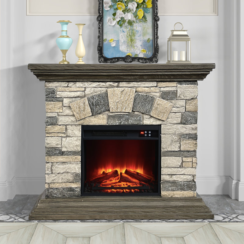 Iseminger 40" Freestanding Electric Fireplace, Brown Stone Brick Mantel with Remote & Touch Control, Light Brown