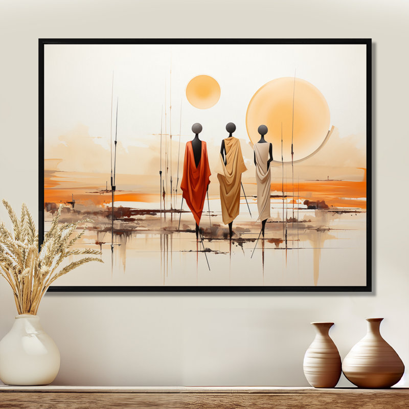 Bushmen africain du Kalahari I - art mural tribal africain, Cadre flottant noir, H 24 po x l 32 po x P 1 po