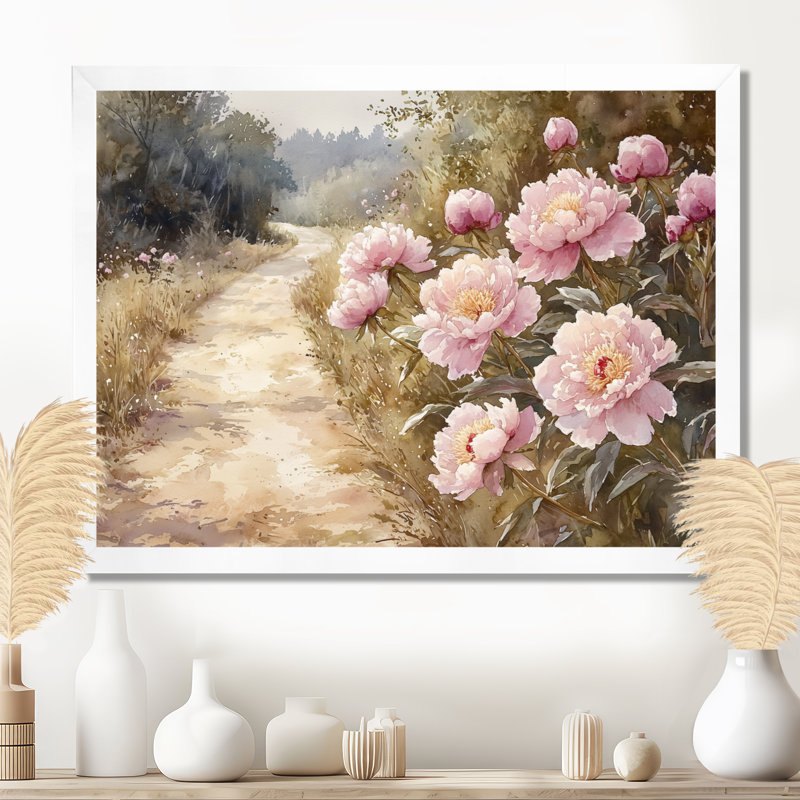 Pivoines le long de l'allée de la ferme II - impressions sur toile surdimensionnées florales, H 34 po x l 44 po, Blanc