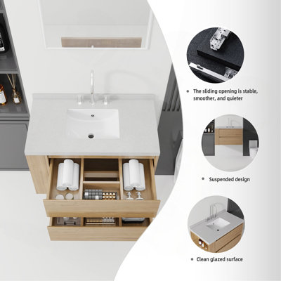 36 Inch Floating Bathroom Vanity with Sink, Soft-Close Drawer, 2-IN Carrara Cultured Marble Countertop Top & Backsplash,Plywood