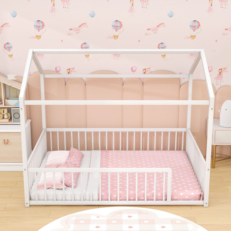 Metal Floor Bed With Safety Fence, Full, White