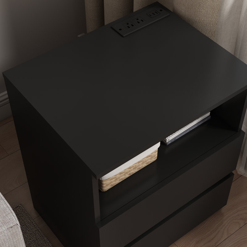 Ensemble de table de chevet avec 2 tiroirs et prises intégrées, Noir