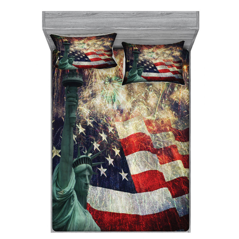 Queen Size American Flag Microfiber Bedding Set with Fireworks Print